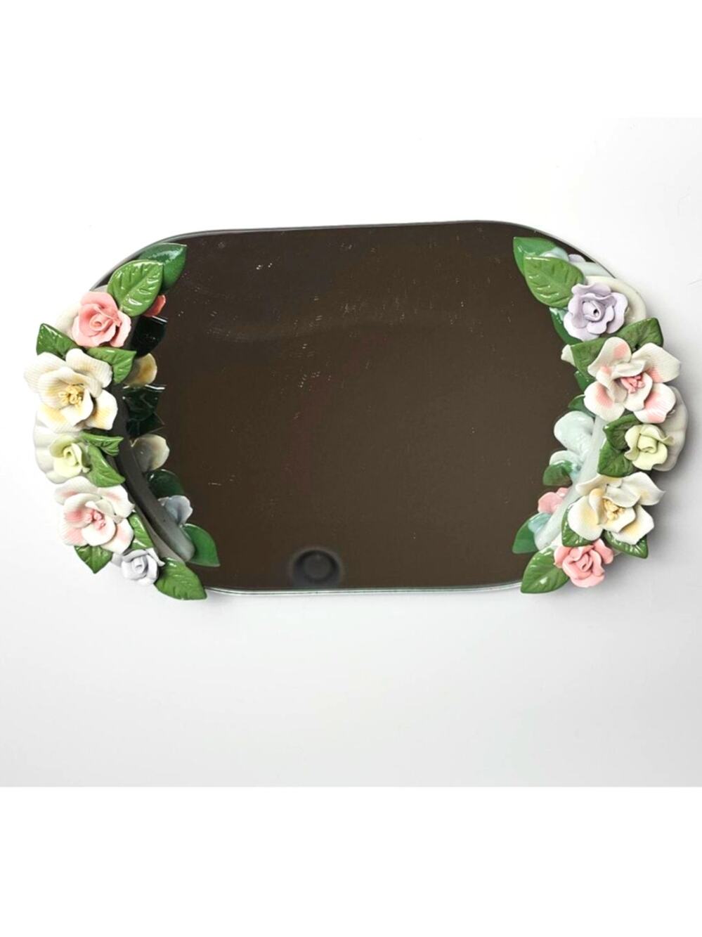 Vintage 80s Capodimonte Porcelain Flowers Mirror Vanity Tray